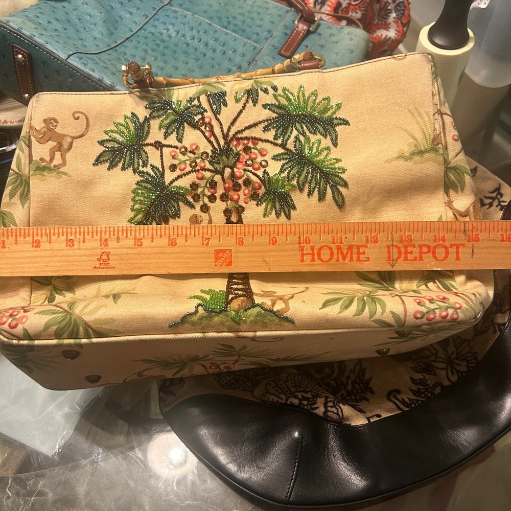 Isabella Fiore Vintage Monkey Beaded/Canvas/Leather Tote Bamboo Handles - Picture 6 of 8